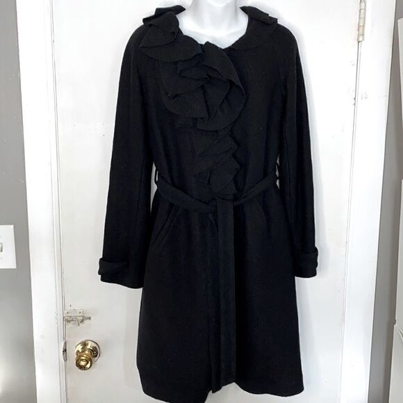 REBECCA TAYLOR Asymmetrical Ruffle Collar Belted Black Coat-0 - Picture 1 of 11